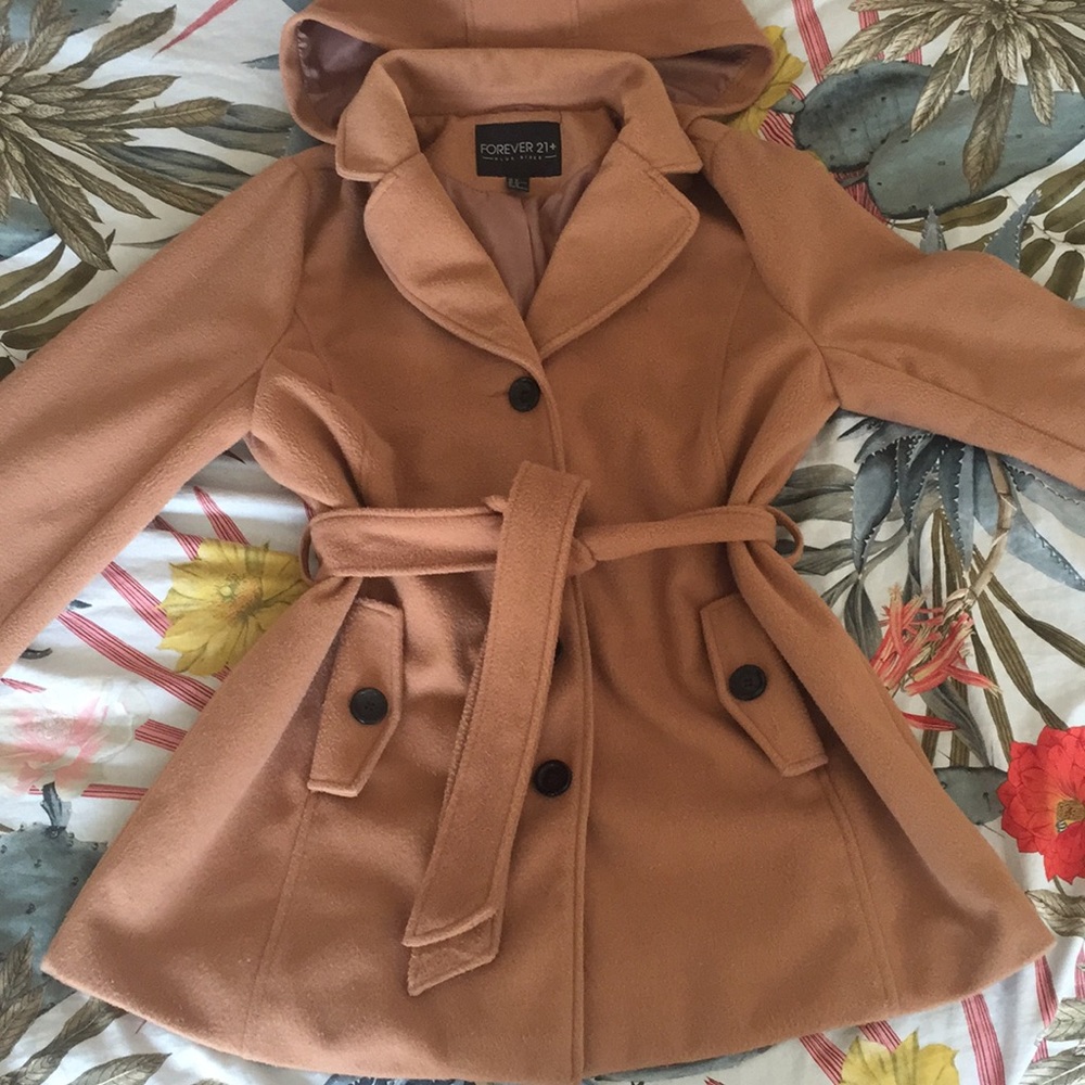 Camel colored trench coat with removable hood